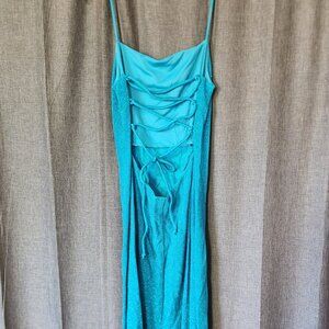 Long sparkly teal formal prom dress, strappy back
